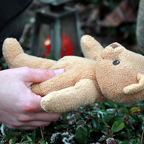 Plüschteddy in einer Hand. 